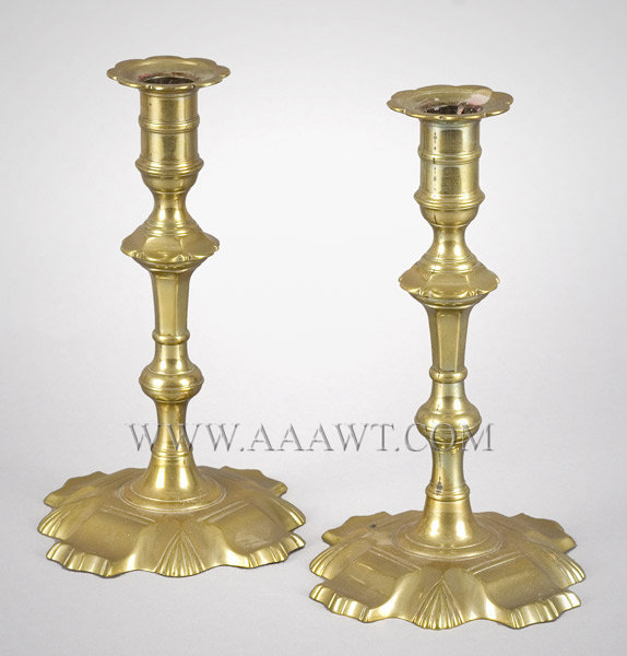 Queen Anne Candlesticks, Pair, Brass Pushups
England
Circa 1755 to 1770, entire view